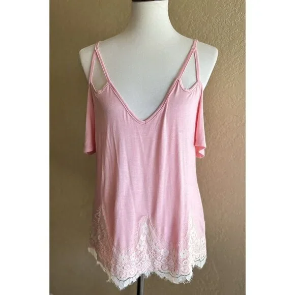 Self Esteem Womens pink Lace Trim Strappy Casual Top Size M - Picture 8 of 10